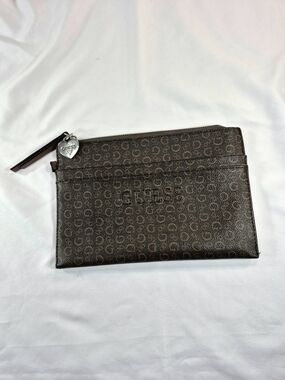 GUESS Brown Monogram Signature G-Logo Zip Top Clutch Pouch Wristlet Y2k